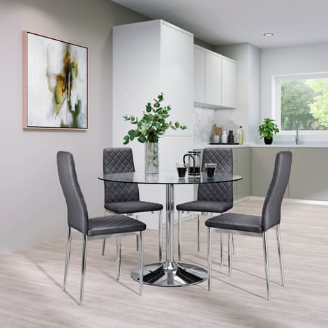 Orbit Round Chrome and Glass Dining Table with 4 Renzo Grey Leather Chairs