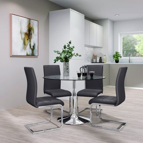 Orbit Round Chrome and Glass Dining Table with 4 Perth Grey Leather Chairs