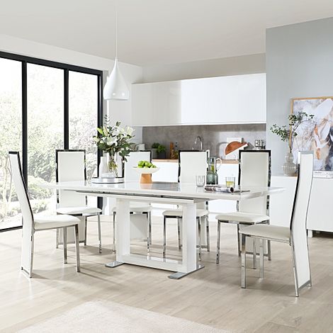 Tokyo White High Gloss Extending Dining Table with 6 Celeste White Leather Chairs