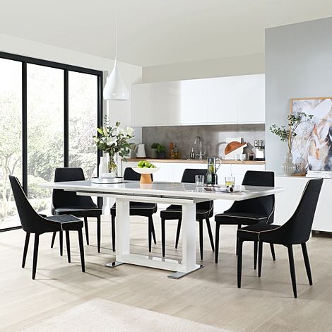 Tokyo White High Gloss Extending Dining Table with 6 Modena Black Fabric Chairs