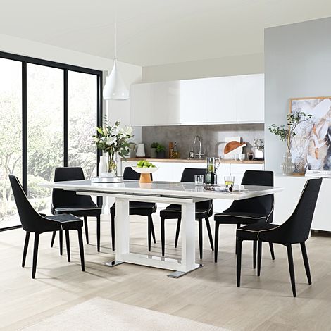 Tokyo Extending Dining Table & 8 Modena Chairs, White High Gloss, Black Classic Linen-Weave Fabric, 160-220cm