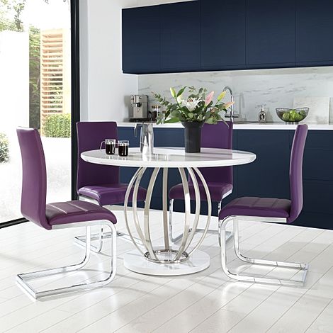 Savoy Round White High Gloss and Chrome Dining Table with 4 Perth Purple Leather Chairs