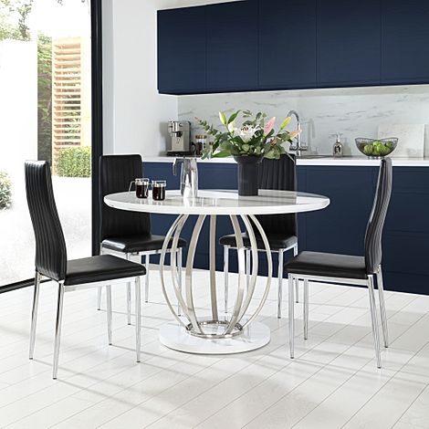 Savoy Round White High Gloss and Chrome Dining Table with 4 Leon Black Leather Chairs