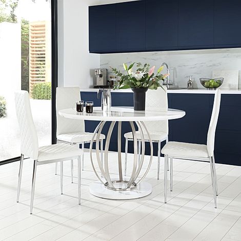Savoy Round White High Gloss and Chrome Dining Table with 4 Renzo White Leather Chairs