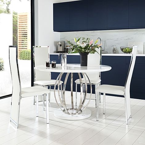 Savoy Round White High Gloss and Chrome Dining Table with 4 Celeste White Leather Chairs