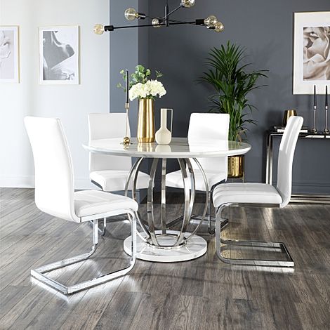 Savoy Round Dining Table & 4 Perth Chairs, White Marble Effect & Chrome, White Classic Faux Leather, 120cm