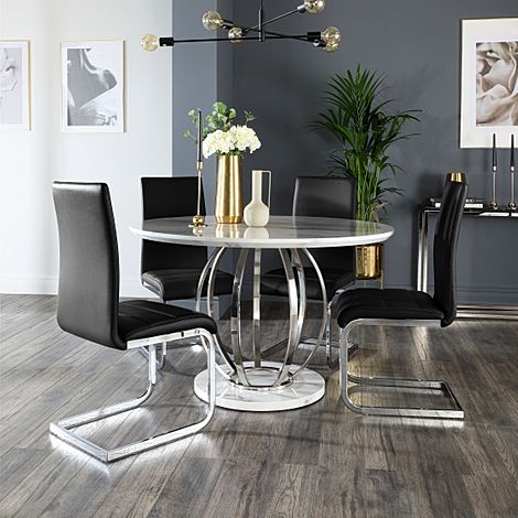 Savoy Round Dining Table & 4 Perth Chairs, White Marble Effect & Chrome, Black Classic Faux Leather, 120cm