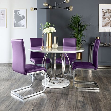 Savoy Round Dining Table & 4 Perth Chairs, White Marble Effect & Chrome, Purple Classic Faux Leather, 120cm