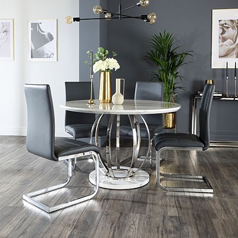 Savoy Round Dining Table & 4 Perth Chairs, White Marble Effect & Chrome, Grey Classic Faux Leather, 120cm