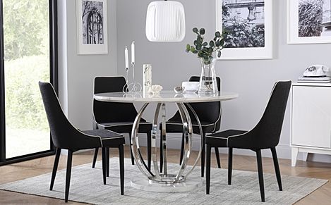 Savoy Round Dining Table & 4 Modena Chairs, White Marble Effect & Chrome, Black Classic Linen-Weave Fabric, 120cm