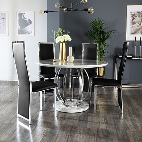 Savoy Round Dining Table & 4 Celeste Chairs, White Marble Effect & Chrome, Black Classic Faux Leather, 120cm