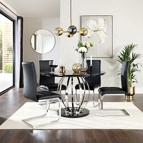 Savoy Round Dining Table & 4 Perth Chairs, Black Marble Effect & Chrome, Black Classic Faux Leather, 120cm