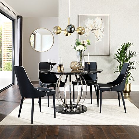 Savoy Round Dining Table & 4 Modena Chairs, Black Marble Effect & Chrome, Black Classic Linen-Weave Fabric, 120cm