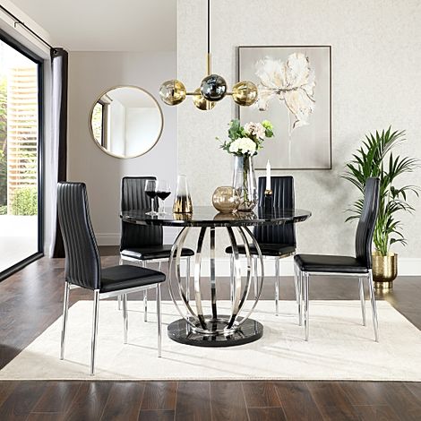 Savoy Round Dining Table & 4 Leon Chairs, Black Marble Effect & Chrome, Black Classic Faux Leather, 120cm