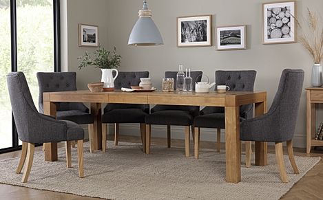 Cambridge Extending Dining Table & 4 Duke Chairs, Natural Oak Veneer & Solid Hardwood, Slate Grey Classic Linen-Weave Fabric & Natural Oak Finished Solid Hardwood, 175-220cm