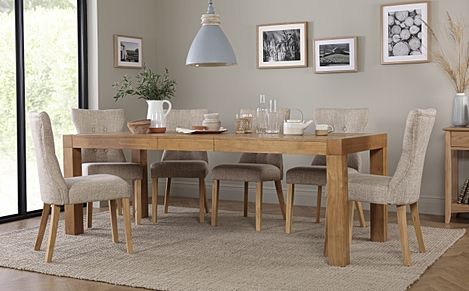 Cambridge Extending Dining Table & 4 Bewley Chairs, Natural Oak Veneer & Solid Hardwood, Oatmeal Classic Linen-Weave Fabric & Natural Oak Finished Solid Hardwood, 175-220cm