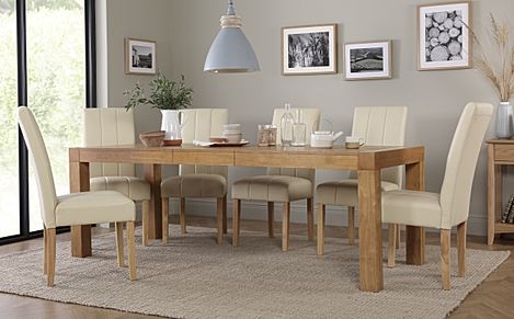 Cambridge Extending Dining Table & 6 Carrick Chairs, Natural Oak Veneer & Solid Hardwood, Ivory Classic Faux Leather & Natural Oak Finished Solid Hardwood, 175-220cm