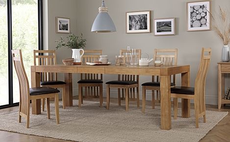 Cambridge Extending Dining Table & 8 Bali Chairs, Natural Oak Veneer & Solid Hardwood, Brown Classic Faux Leather & Natural Oak Finished Solid Hardwood, 175-220cm