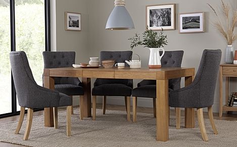 Cambridge Extending Dining Table & 4 Duke Chairs, Natural Oak Veneer & Solid Hardwood, Slate Grey Classic Linen-Weave Fabric & Natural Oak Finished Solid Hardwood, 125-170cm