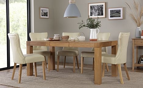 Cambridge Extending Dining Table & 4 Bewley Chairs, Natural Oak Veneer & Solid Hardwood, Ivory Classic Faux Leather & Natural Oak Finished Solid Hardwood, 125-170cm