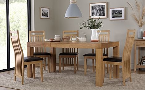 Cambridge Extending Dining Table & 4 Bali Chairs, Natural Oak Veneer & Solid Hardwood, Brown Classic Faux Leather & Natural Oak Finished Solid Hardwood, 125-170cm