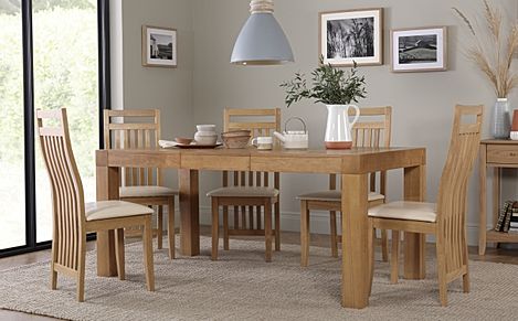 Cambridge Extending Dining Table & 4 Bali Chairs, Natural Oak Veneer & Solid Hardwood, Ivory Classic Faux Leather & Natural Oak Finished Solid Hardwood, 125-170cm
