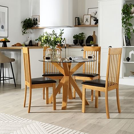 Hatton Round Dining Table & 4 Oxford Chairs, Glass & Natural Oak Finished Solid Hardwood, Brown Classic Faux Leather, 100cm