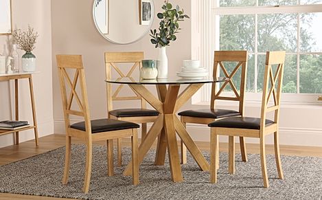 Hatton Round Dining Table & 4 Kendal Chairs, Glass & Natural Oak Finished Solid Hardwood, Brown Classic Faux Leather, 100cm