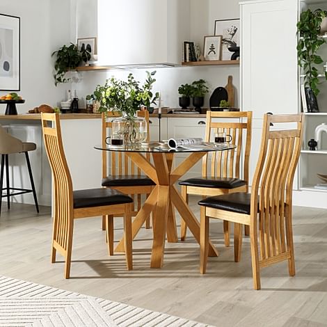 Hatton Round Dining Table & 4 Bali Chairs, Glass & Natural Oak Finished Solid Hardwood, Brown Classic Faux Leather, 100cm