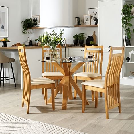 Hatton Round Dining Table & 4 Bali Chairs, Glass & Natural Oak Finished Solid Hardwood, Ivory Classic Faux Leather, 100cm