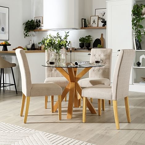 Hatton Round Dining Table & 4 Regent Chairs, Glass & Natural Oak Finished Solid Hardwood, Oatmeal Classic Linen-Weave Fabric, 100cm