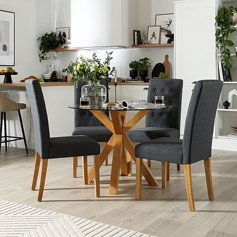 Hatton Round Dining Table & 4 Regent Chairs, Glass & Natural Oak Finished Solid Hardwood, Slate Grey Classic Linen-Weave Fabric, 100cm