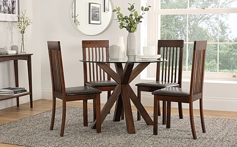 Hatton Round Dining Table & 4 Oxford Chairs, Glass & Dark Solid Hardwood, Brown Classic Faux Leather, 100cm