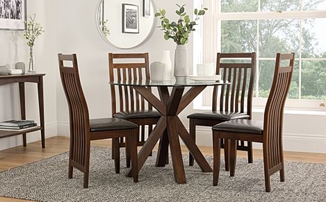 Hatton Round Dining Table & 4 Java Chairs, Glass & Dark Solid Hardwood, Brown Classic Faux Leather, 100cm