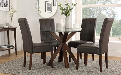 Hatton Round Dining Table & 4 Carrick Chairs, Glass & Dark Solid Hardwood, Brown Classic Faux Leather, 100cm