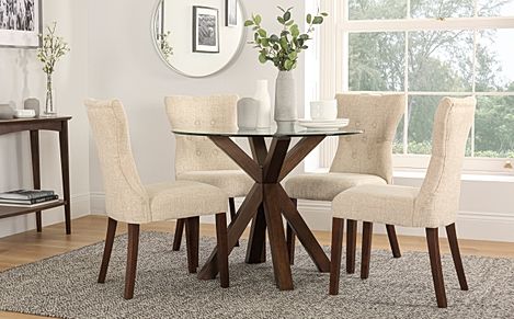 Hatton Round Dining Table & 4 Bewley Chairs, Glass & Dark Solid Hardwood, Oatmeal Classic Linen-Weave Fabric, 100cm