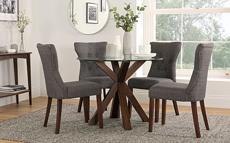 Hatton Round Dark Wood and Glass Dining Table with 4 Bewley Slate Fabric Chairs