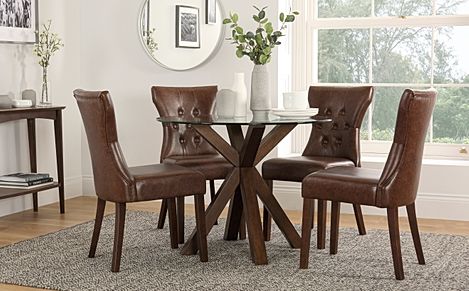 Hatton Round Dining Table & 4 Bewley Chairs, Glass & Dark Solid Hardwood, Club Brown Classic Faux Leather, 100cm