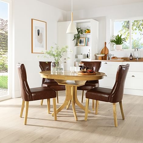 Hudson Round Extending Dining Table & 4 Bewley Chairs, Natural Oak Finished Solid Hardwood, Club Brown Classic Faux Leather, 90-120cm