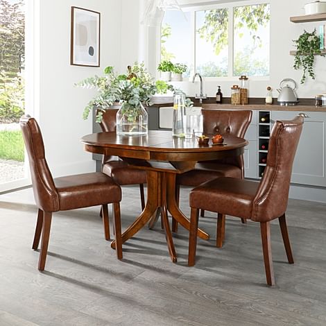 Hudson Round Dark Wood Extending Dining Table with 4 Bewley Club Brown Leather Chairs