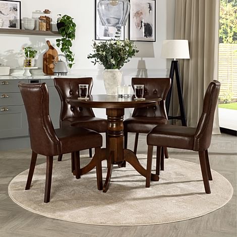 Kingston Round Dining Table & 4 Bewley Chairs, Dark Solid Hardwood, Club Brown Classic Faux Leather, 90cm