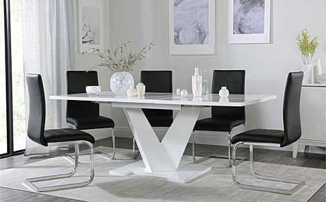 Turin White High Gloss Extending Dining Table with 4 Perth Black Leather Chairs