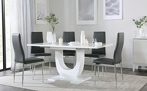 Oslo White High Gloss Extending Dining Table with 6 Leon Grey Leather Chairs