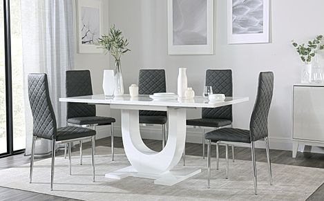 Oslo White High Gloss Extending Dining Table with 4 Renzo Grey Leather Chairs