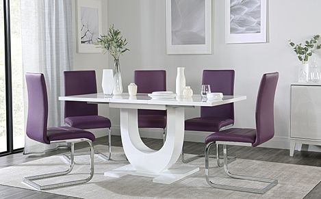 Oslo White High Gloss Extending Dining Table with 4 Perth Purple Leather Chairs