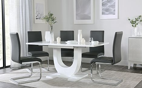 Oslo White High Gloss Extending Dining Table with 6 Perth Grey Leather Chairs