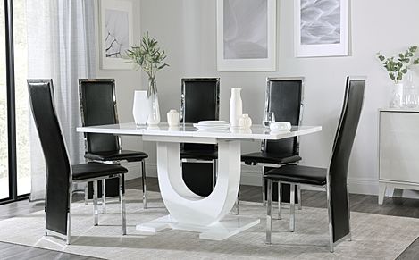 Oslo White High Gloss Extending Dining Table with 6 Celeste Black Leather Chairs