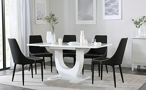 Oslo White High Gloss Extending Dining Table with 4 Modena Black Fabric Chairs