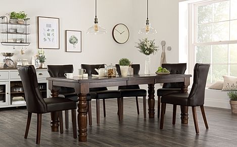 Hampshire Dark Wood Extending Dining Table with 4 Bewley Brown Leather Chairs