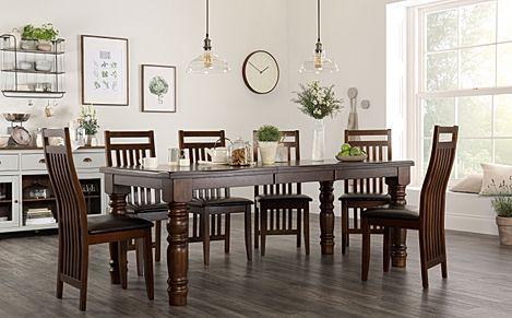 Hampshire Extending Dining Table & 4 Java Chairs, Dark Solid Hardwood, Brown Classic Faux Leather, 150-200cm